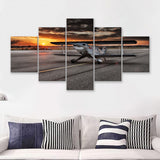 Airport Runway Biplane Aero Plane In A Sunset View 5 Piece Canvas Prints Wall Art Decor - Painting Canvas, Multi Panels