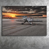 Airport Runway Biplane Aero Plane In A Sunset View Canvas Prints Wall Art Decor - Painting Canvas, Art Prints, Ready to Hang