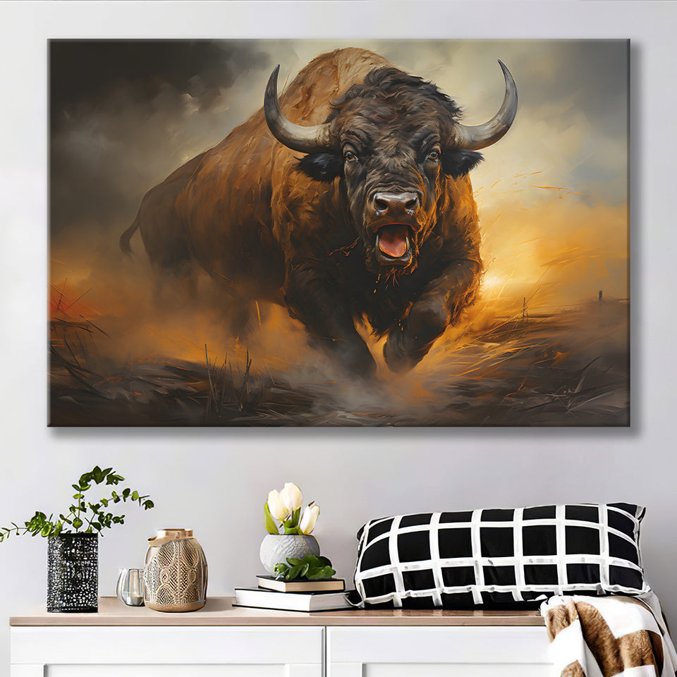 Ancient Bulls In The Sunset Canvas Prints Wall Art Home Decor, Painting Canvas, Living Room Wall Decor