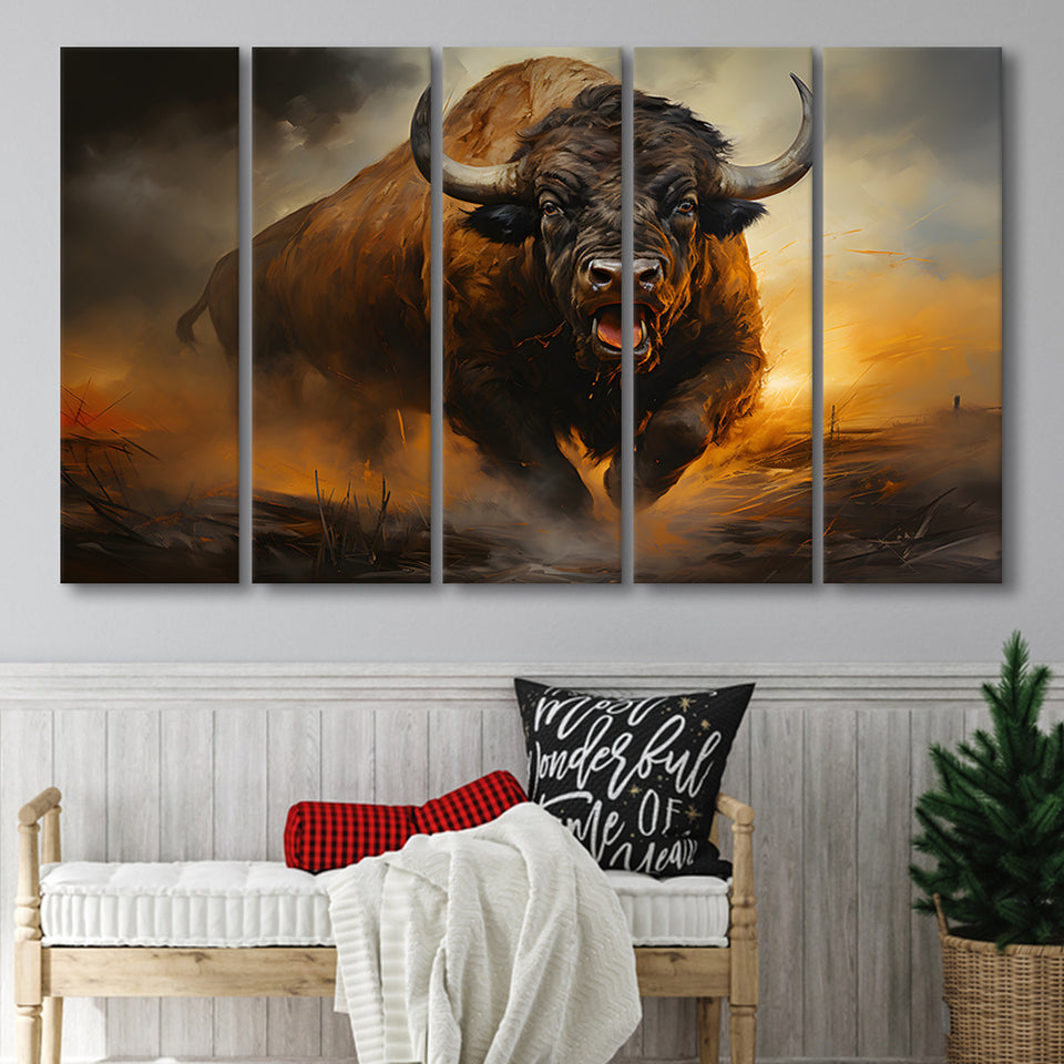 Ancient Bulls In The Sunset 5 Panels B Canvas Prints Wall Art Home Decor, Extra Large Canvas