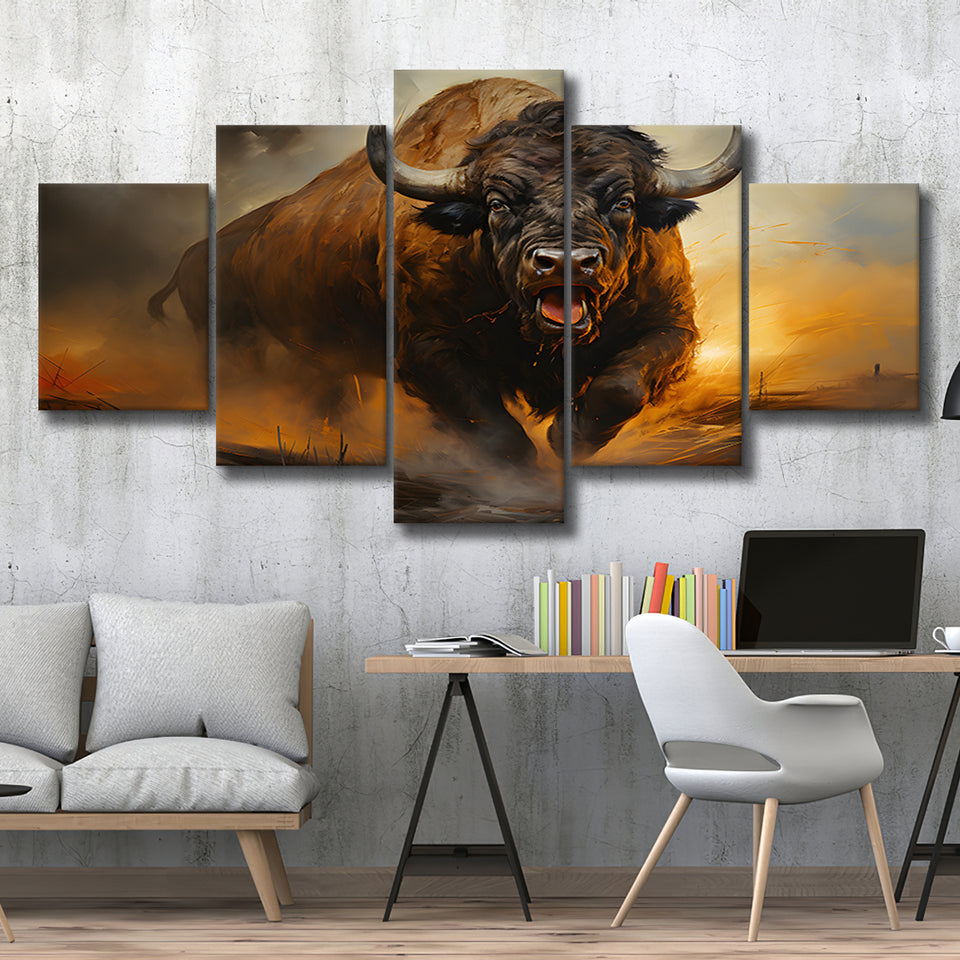 Ancient Bulls In The Sunset 5 Panels Canvas Prints Wall Art Home Decor, Large Mixed Canvas