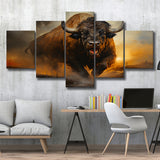 Ancient Bulls In The Sunset 5 Panels Canvas Prints Wall Art Home Decor, Large Mixed Canvas
