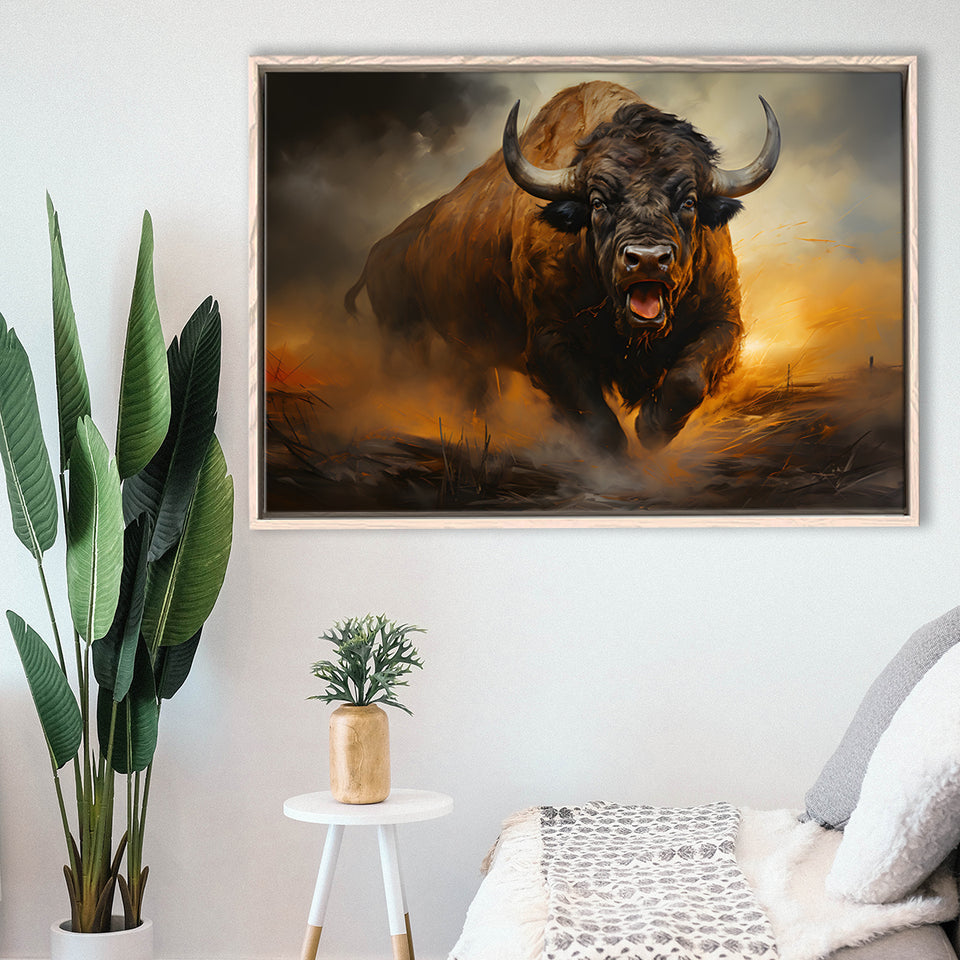 Ancient Bulls In The Sunset Framed Canvas Prints Wall Art Home Decor, Painting Canvas, Floating Frame