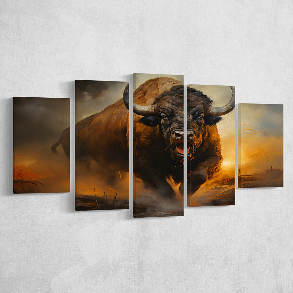 Ancient Bulls In The Sunset 5 Panels Canvas Prints Wall Art Home Decor, Large Mixed Canvas