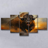 Ancient Bulls In The Sunset 5 Panels Canvas Prints Wall Art Home Decor, Large Mixed Canvas