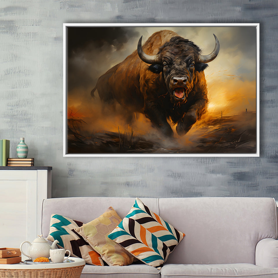 Ancient Bulls In The Sunset Framed Canvas Prints Wall Art Home Decor, Painting Canvas, Floating Frame