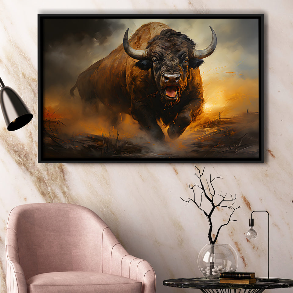 Ancient Bulls In The Sunset Framed Canvas Prints Wall Art Home Decor, Painting Canvas, Floating Frame