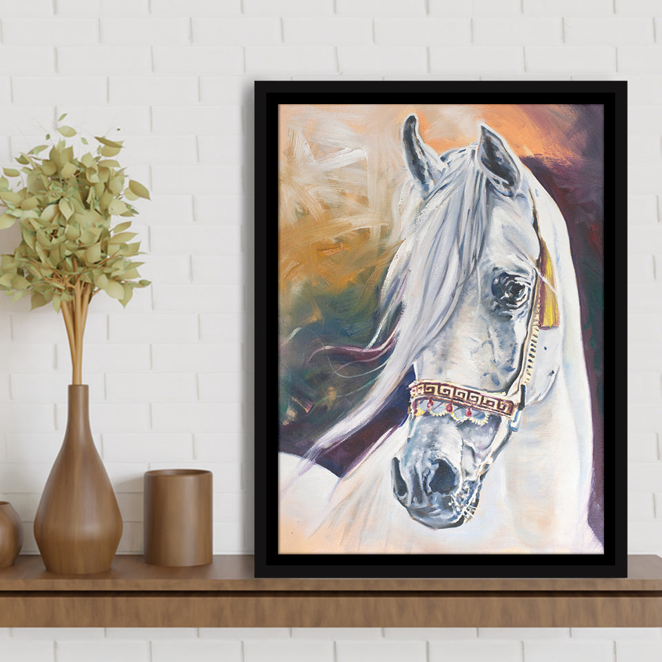 Arabian White Horse Portrait Oil Painting Framed Canvas Prints Wall Art Home Decor, Floating Frame