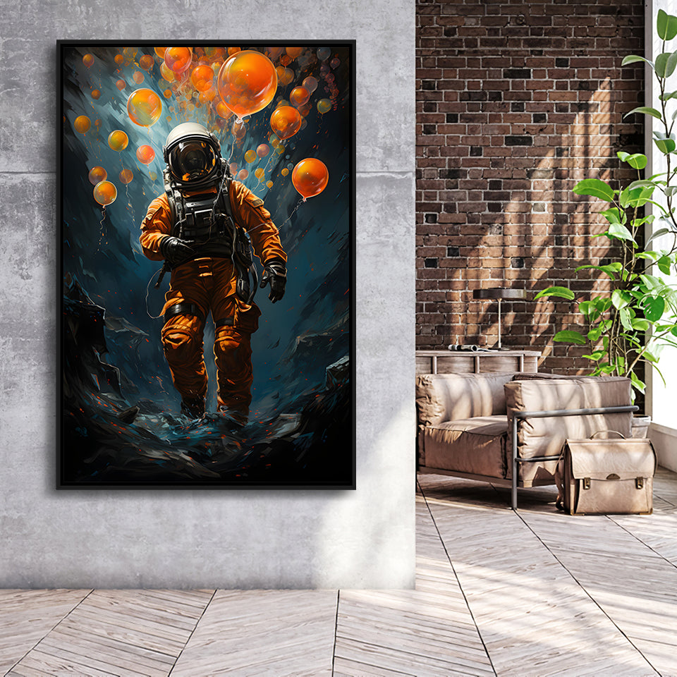 Astronaut And Balloons V1 Framed Canvas Prints Wall Art Home Decor, Painting Canvas, Floating Frame
