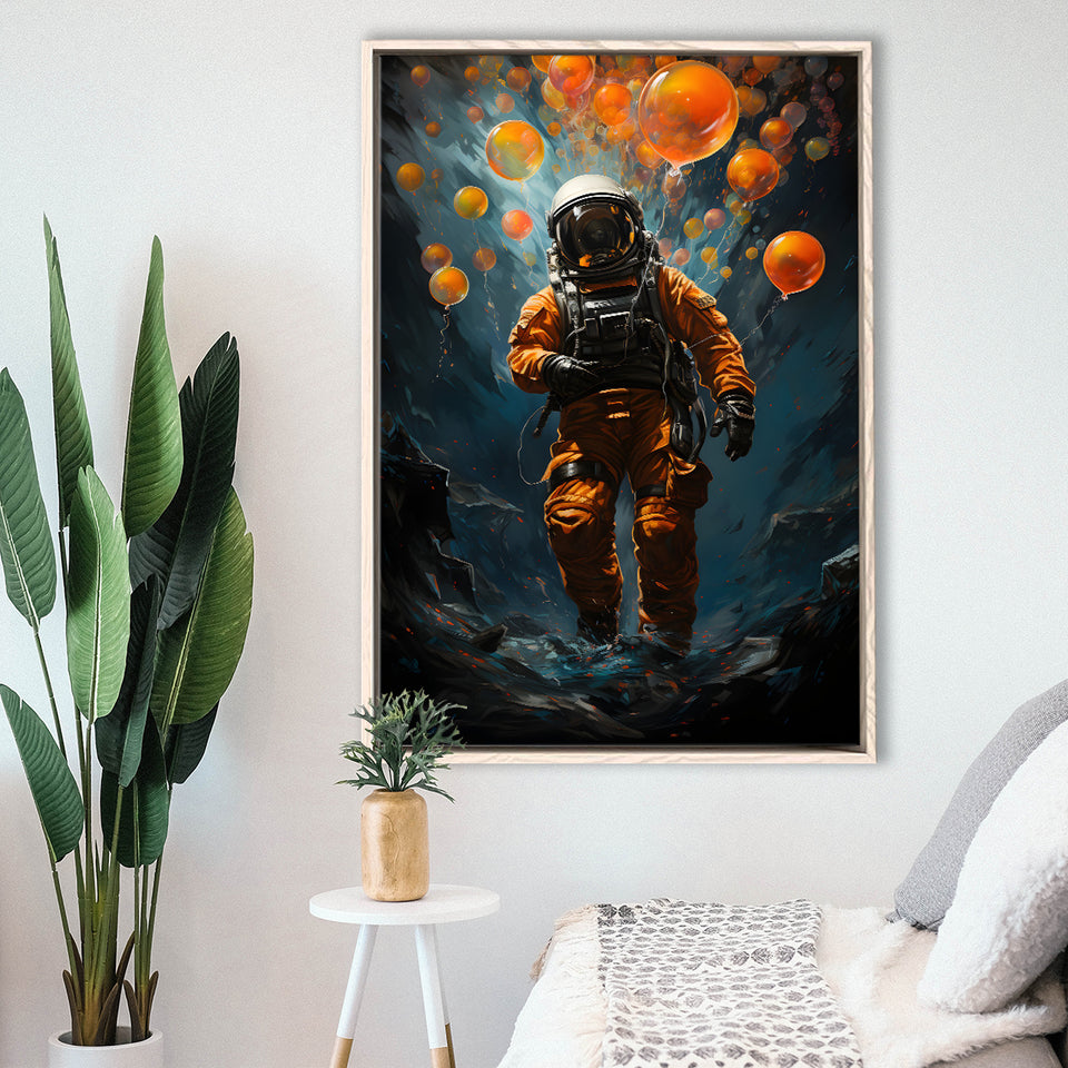 Astronaut And Balloons V1 Framed Canvas Prints Wall Art Home Decor, Painting Canvas, Floating Frame