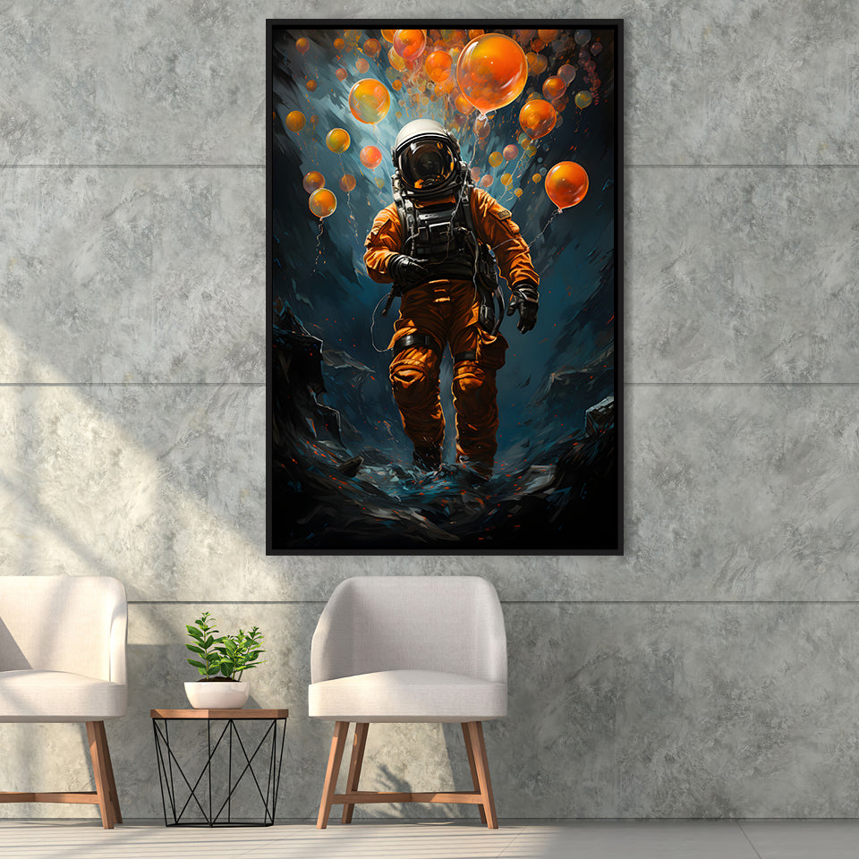 Astronaut And Balloons V1 Framed Canvas Prints Wall Art Home Decor, Painting Canvas, Floating Frame