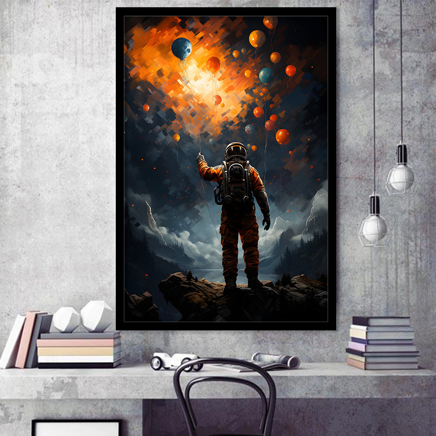 Astronaut Holding The Balloons Framed Art Prints Wall Decor, Painting Art, Framed Picture