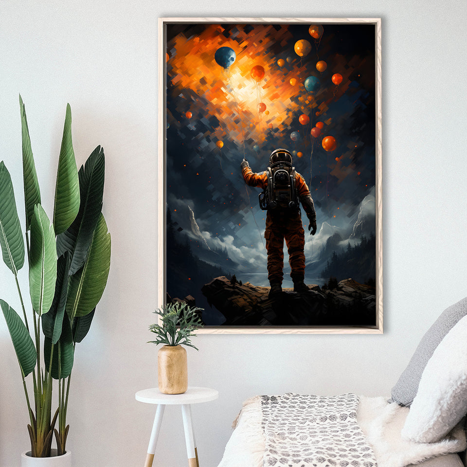 Astronaut Holding The Balloons Framed Canvas Prints Wall Art Home Decor, Painting Canvas, Floating Frame