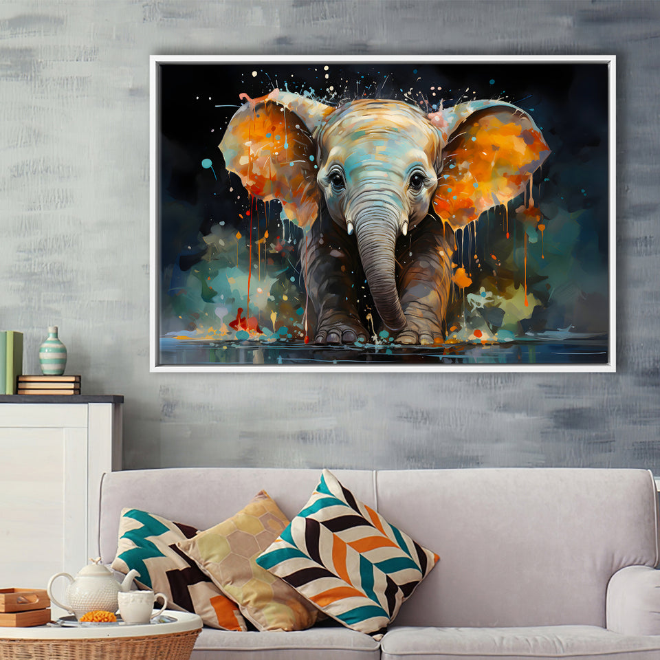 Baby Elephant Colorful Art Framed Canvas Prints Wall Art Home Decor, Painting Canvas, Floating Frame