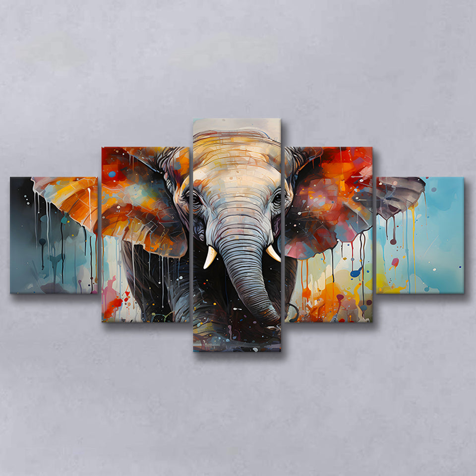 Baby Elephant Colorful Art For Kids 5 Panels Canvas Prints Wall Art Home Decor, Large Mixed Canvas