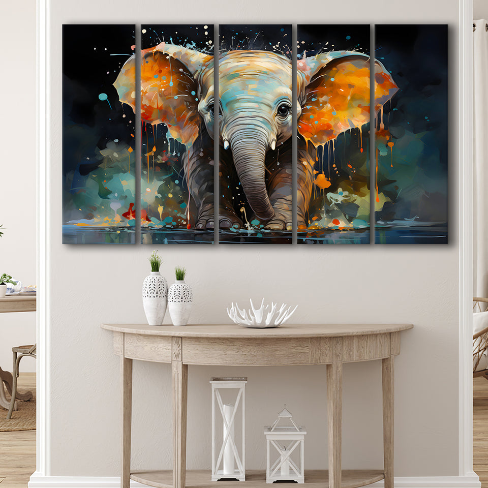 Baby Elephant Colorful Art 5 Panels B Canvas Prints Wall Art Home Decor, Extra Large Canvas