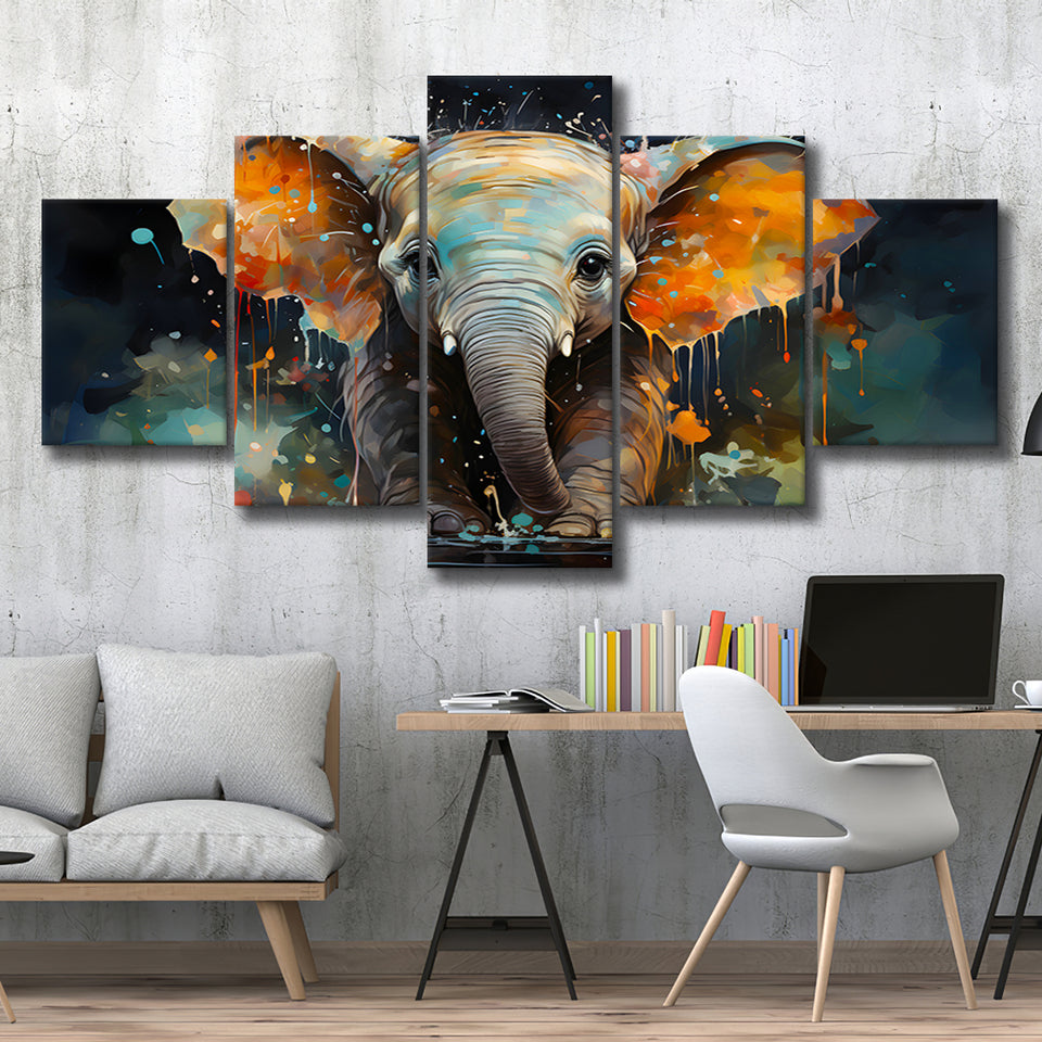 Baby Elephant Colorful Art 5 Panels Canvas Prints Wall Art Home Decor, Large Mixed Canvas