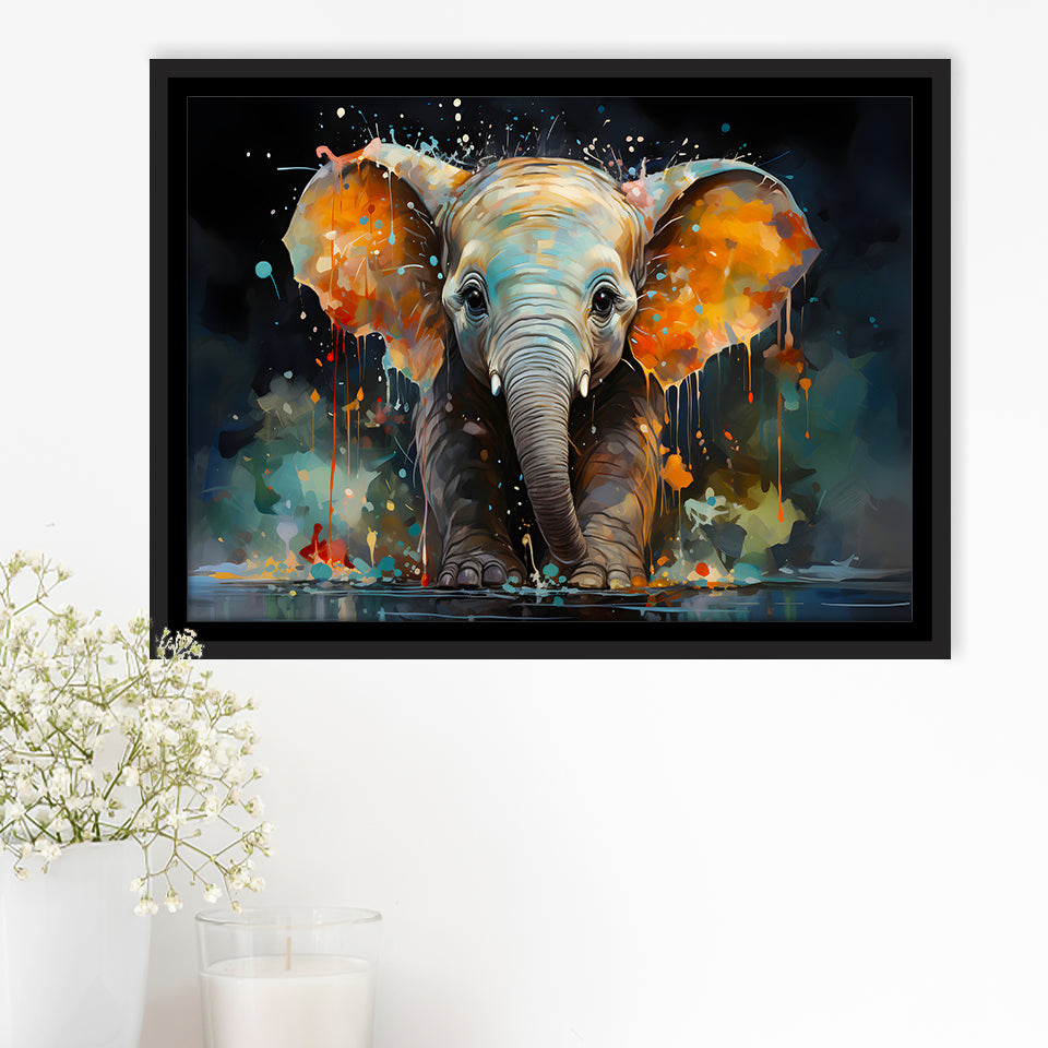 Baby Elephant Colorful Art Framed Canvas Prints Wall Art Home Decor, Painting Canvas, Floating Frame