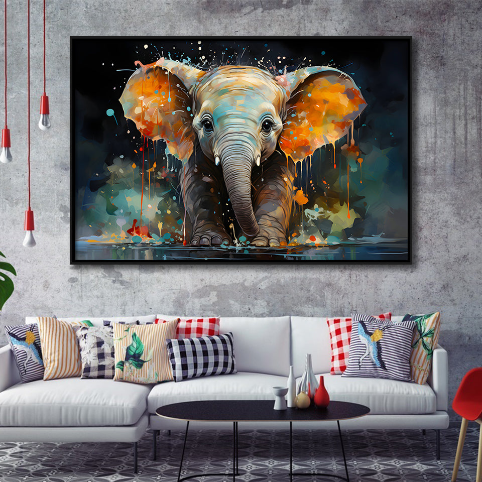 Baby Elephant Colorful Art Framed Canvas Prints Wall Art Home Decor, Painting Canvas, Floating Frame