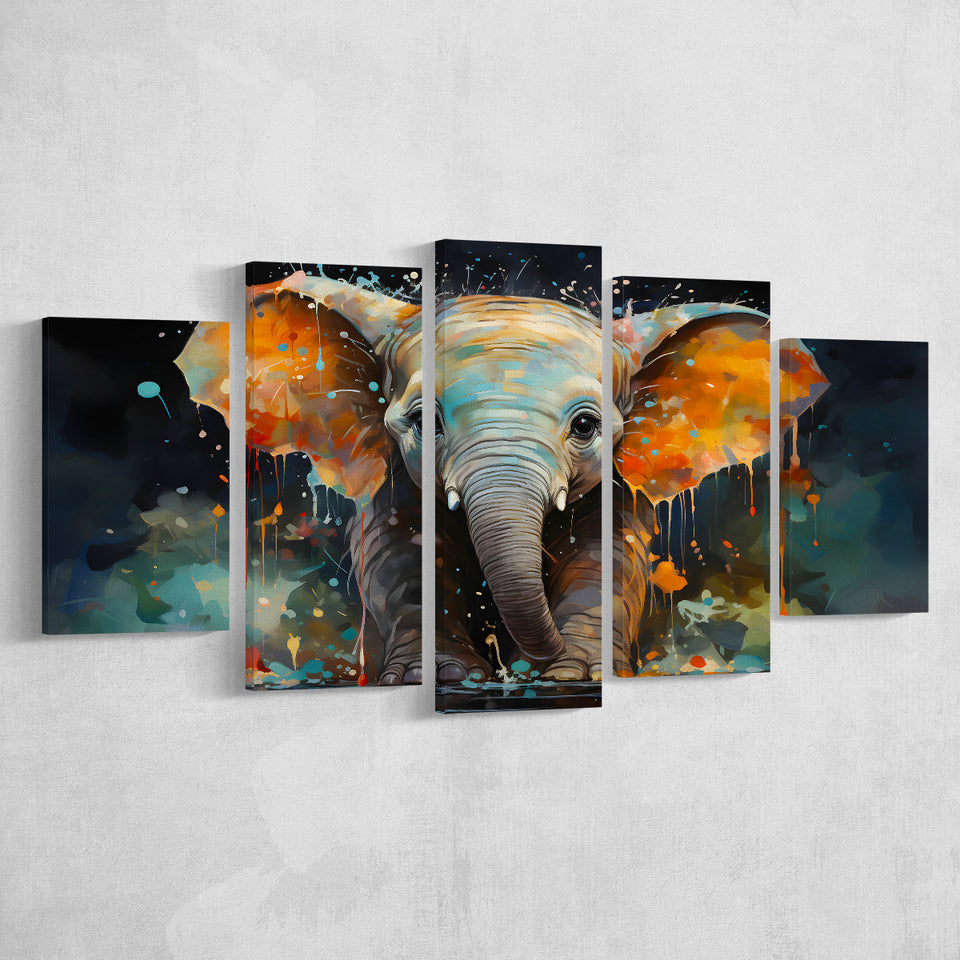 Baby Elephant Colorful Art 5 Panels Canvas Prints Wall Art Home Decor, Large Mixed Canvas