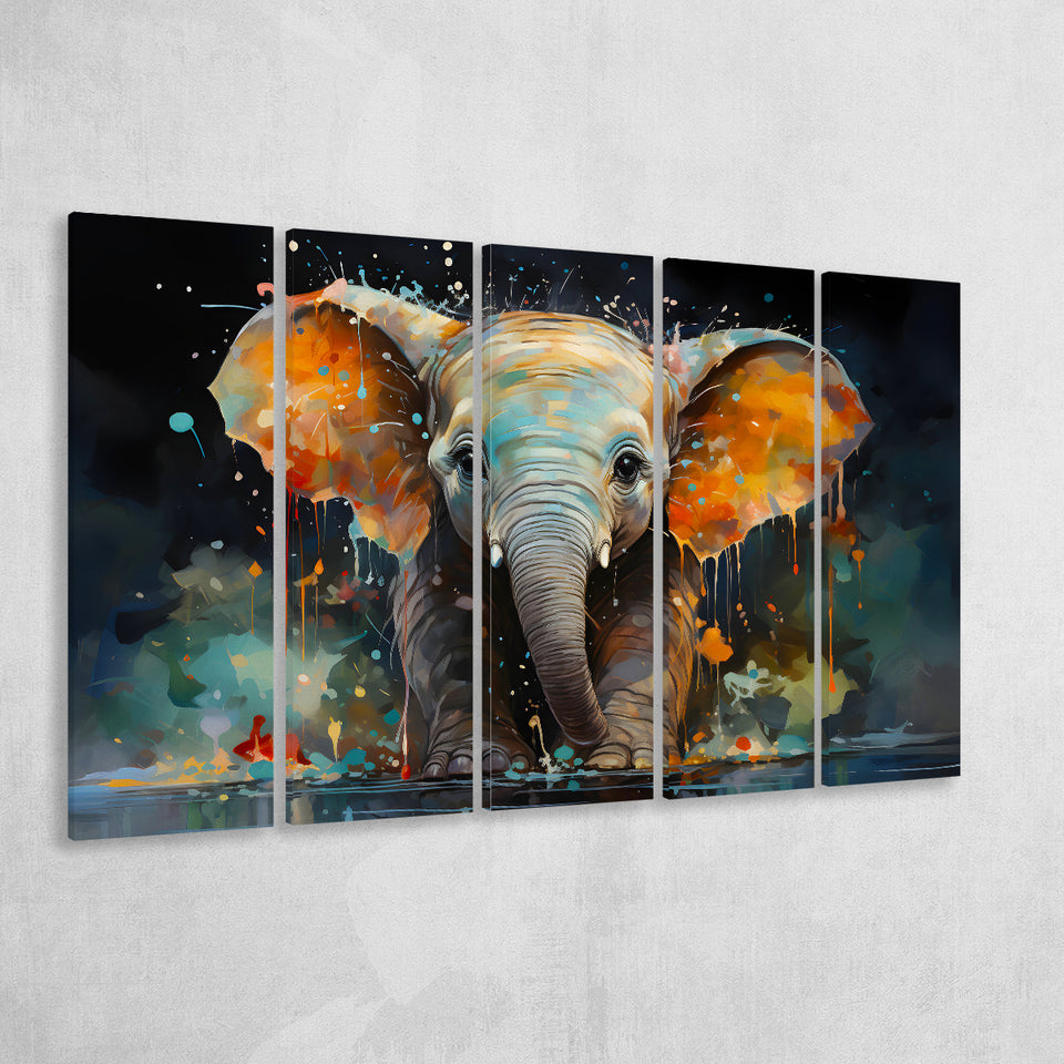 Baby Elephant Colorful Art 5 Panels B Canvas Prints Wall Art Home Decor, Extra Large Canvas