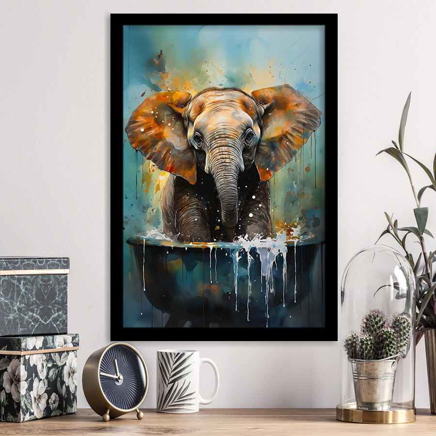 Baby Elephant Colorful In A Bathtub V4 Framed Art Prints Wall Decor, Painting Art, Framed Picture