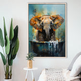 Baby Elephant Colorful In A Bathtub V4 Framed Canvas Prints Wall Art Home Decor, Painting Canvas, Floating Frame