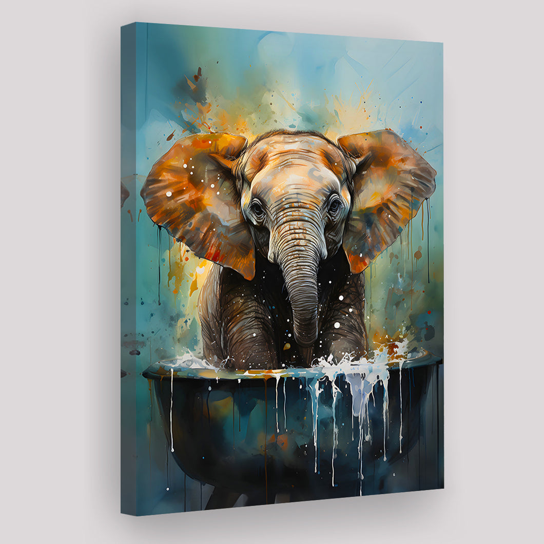Baby Elephant Colorful In A Bathtub V4 Canvas Prints Wall Art Home Decor, Painting Canvas, Living Room Wall Decor