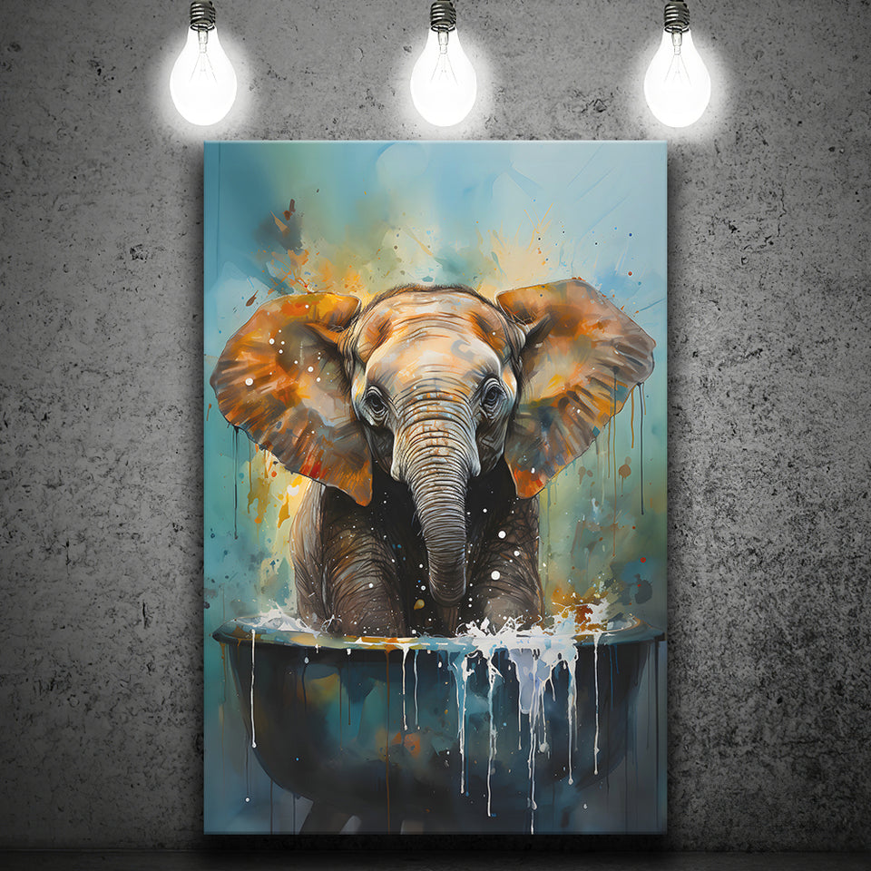 Baby Elephant Colorful In A Bathtub V4 Canvas Prints Wall Art Home Decor, Painting Canvas, Living Room Wall Decor