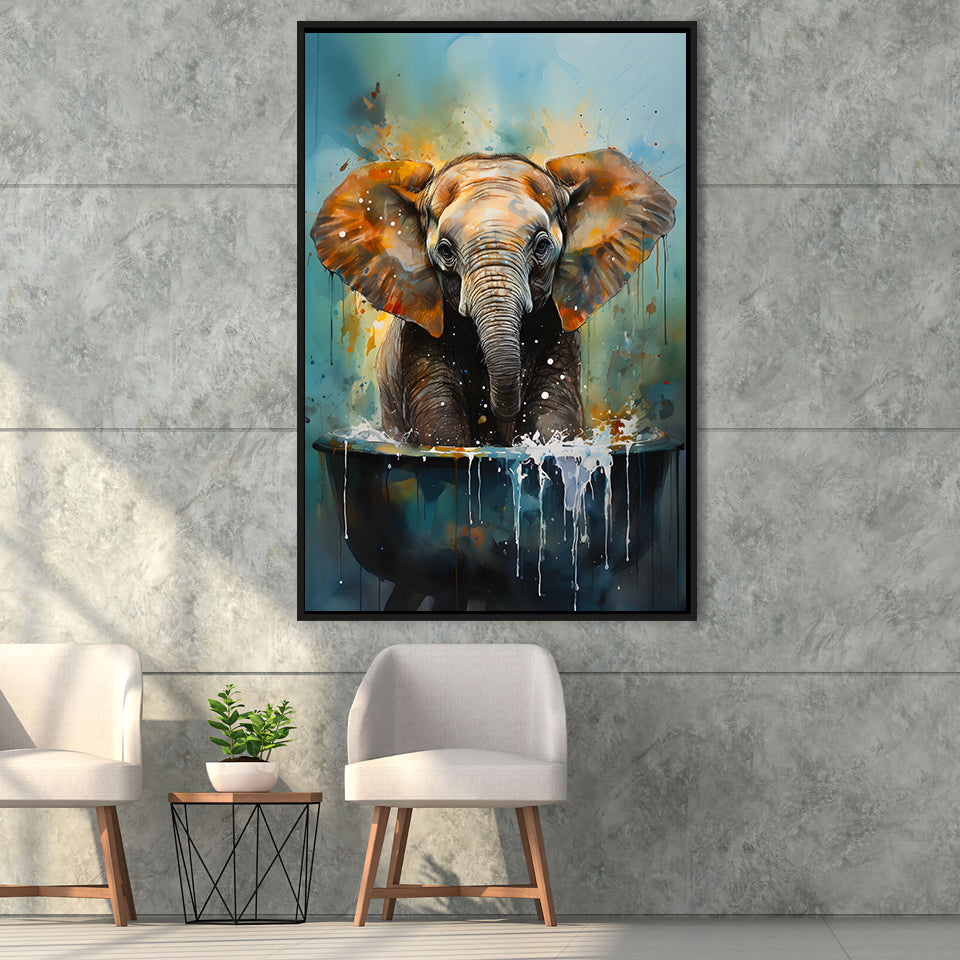 Baby Elephant Colorful In A Bathtub V4 Framed Canvas Prints Wall Art Home Decor, Painting Canvas, Floating Frame