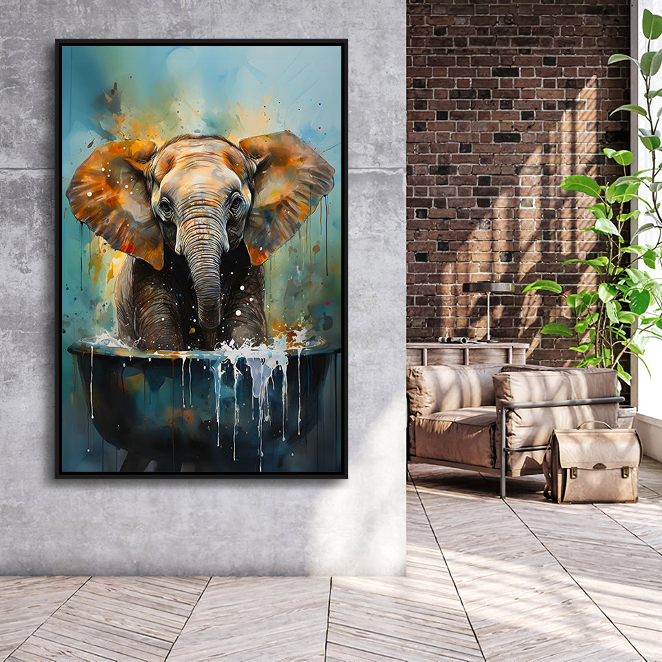 Baby Elephant Colorful In A Bathtub V4 Framed Canvas Prints Wall Art Home Decor, Painting Canvas, Floating Frame