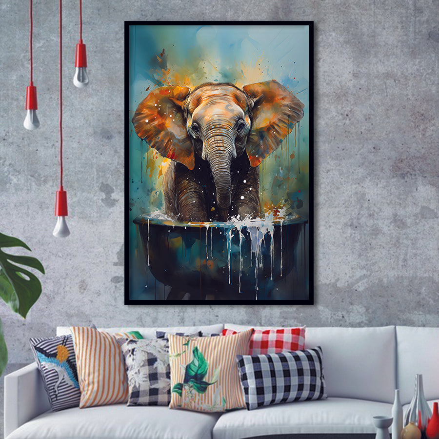 Baby Elephant Colorful In A Bathtub V4 Framed Art Prints Wall Decor, Painting Art, Framed Picture