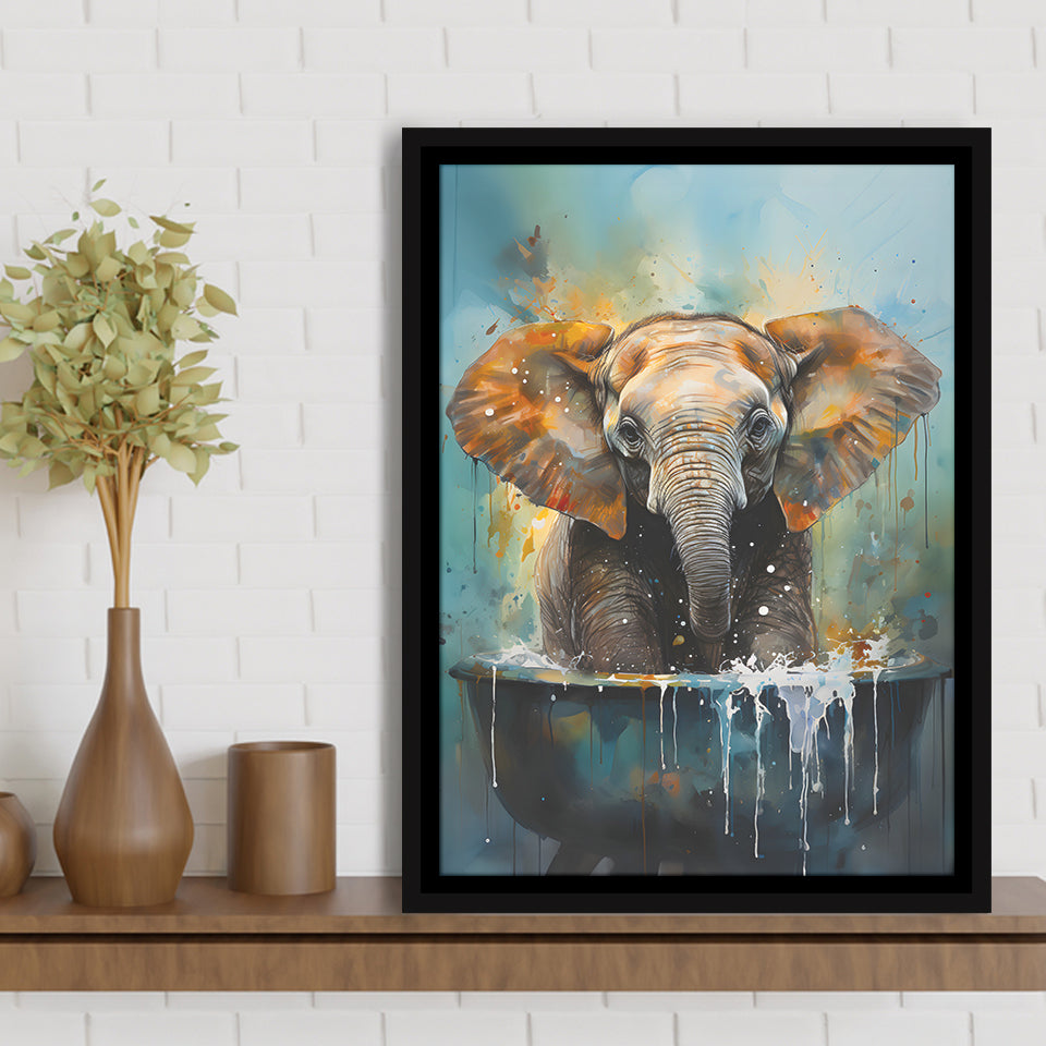 Baby Elephant Colorful In A Bathtub V4 Framed Canvas Prints Wall Art Home Decor, Painting Canvas, Floating Frame