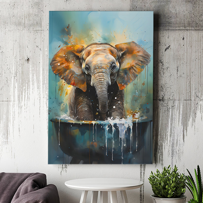 Baby Elephant Colorful In A Bathtub V4 Canvas Prints Wall Art Home Decor, Painting Canvas, Living Room Wall Decor