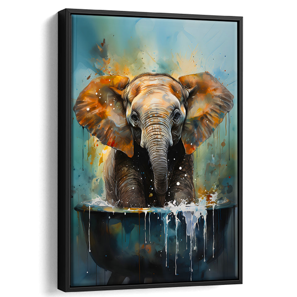 Baby Elephant Colorful In A Bathtub V4 Framed Canvas Prints Wall Art Home Decor, Painting Canvas, Floating Frame