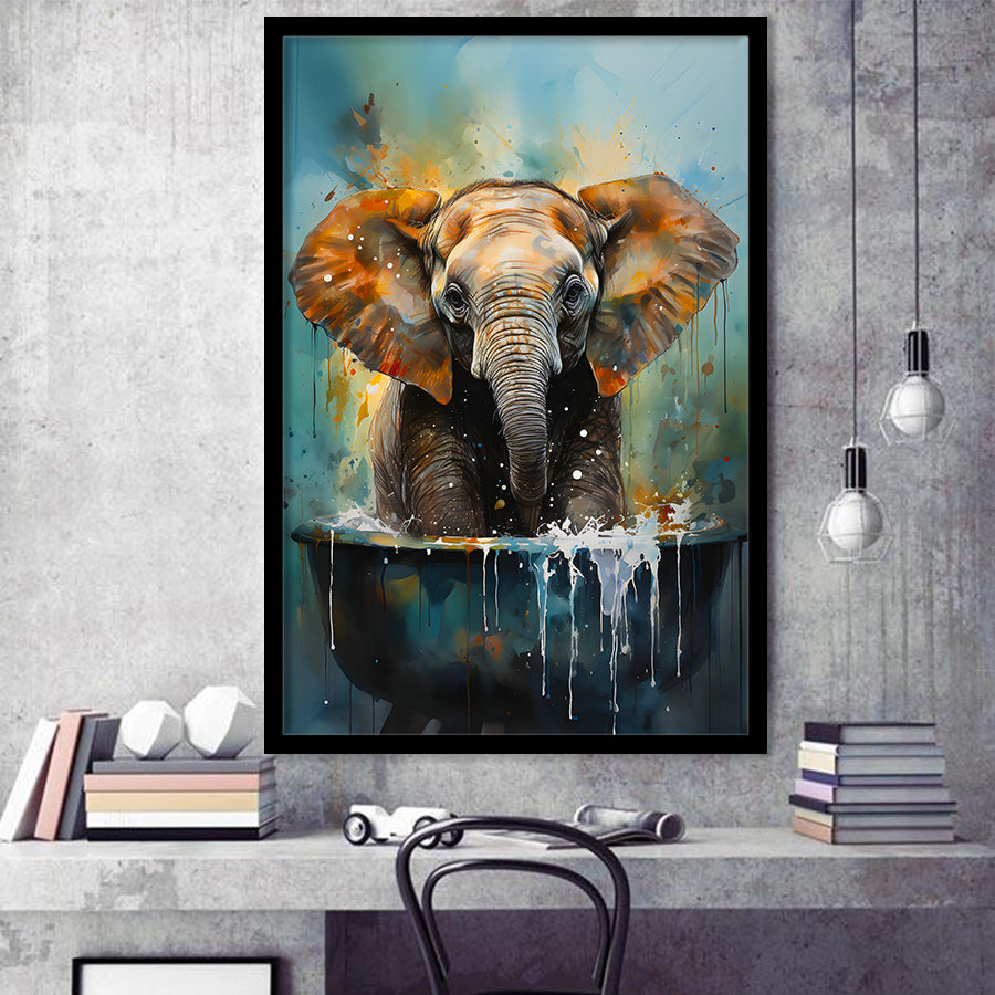 Baby Elephant Colorful In A Bathtub V4 Framed Art Prints Wall Decor, Painting Art, Framed Picture