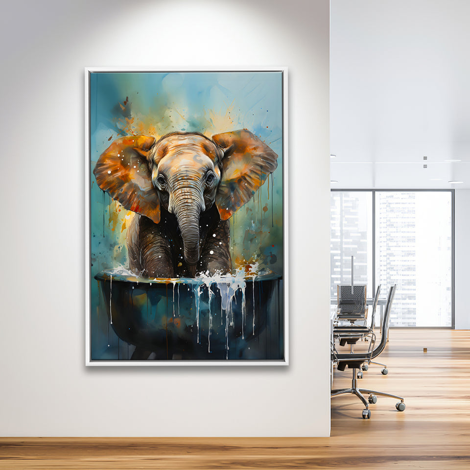 Baby Elephant Colorful In A Bathtub V4 Framed Canvas Prints Wall Art Home Decor, Painting Canvas, Floating Frame
