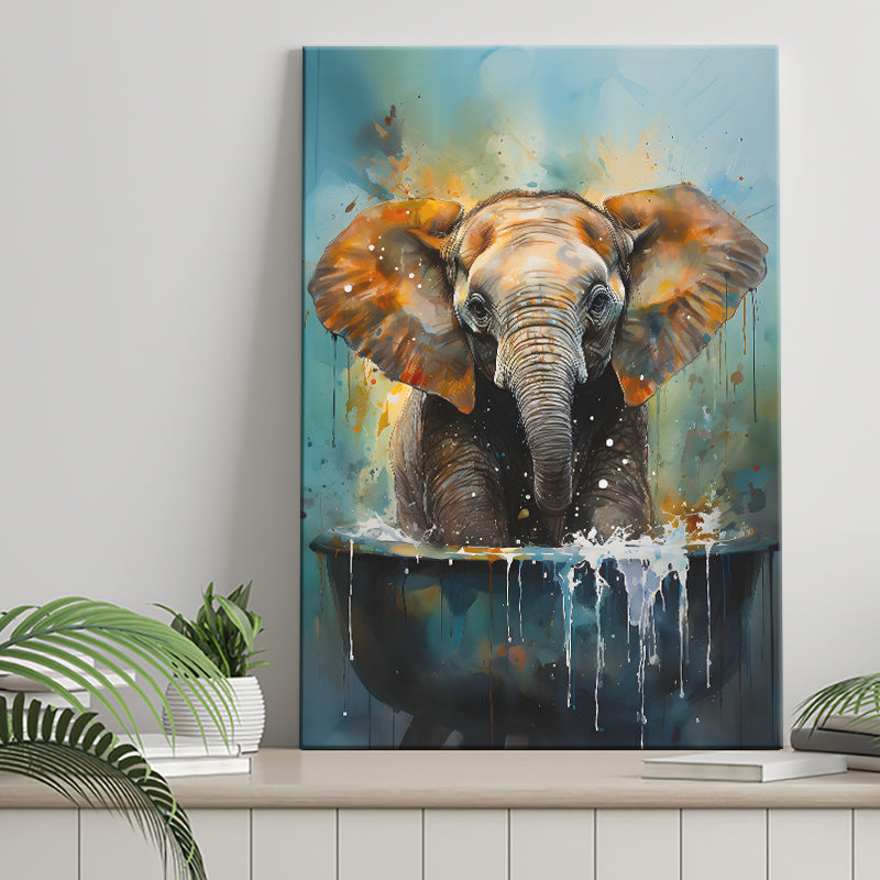 Baby Elephant Colorful In A Bathtub V4 Canvas Prints Wall Art Home Decor, Painting Canvas, Living Room Wall Decor