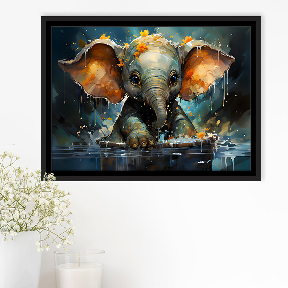 Baby Elephant Colorful In Bathtub Framed Canvas Prints Wall Art Home Decor, Painting Canvas, Floating Frame