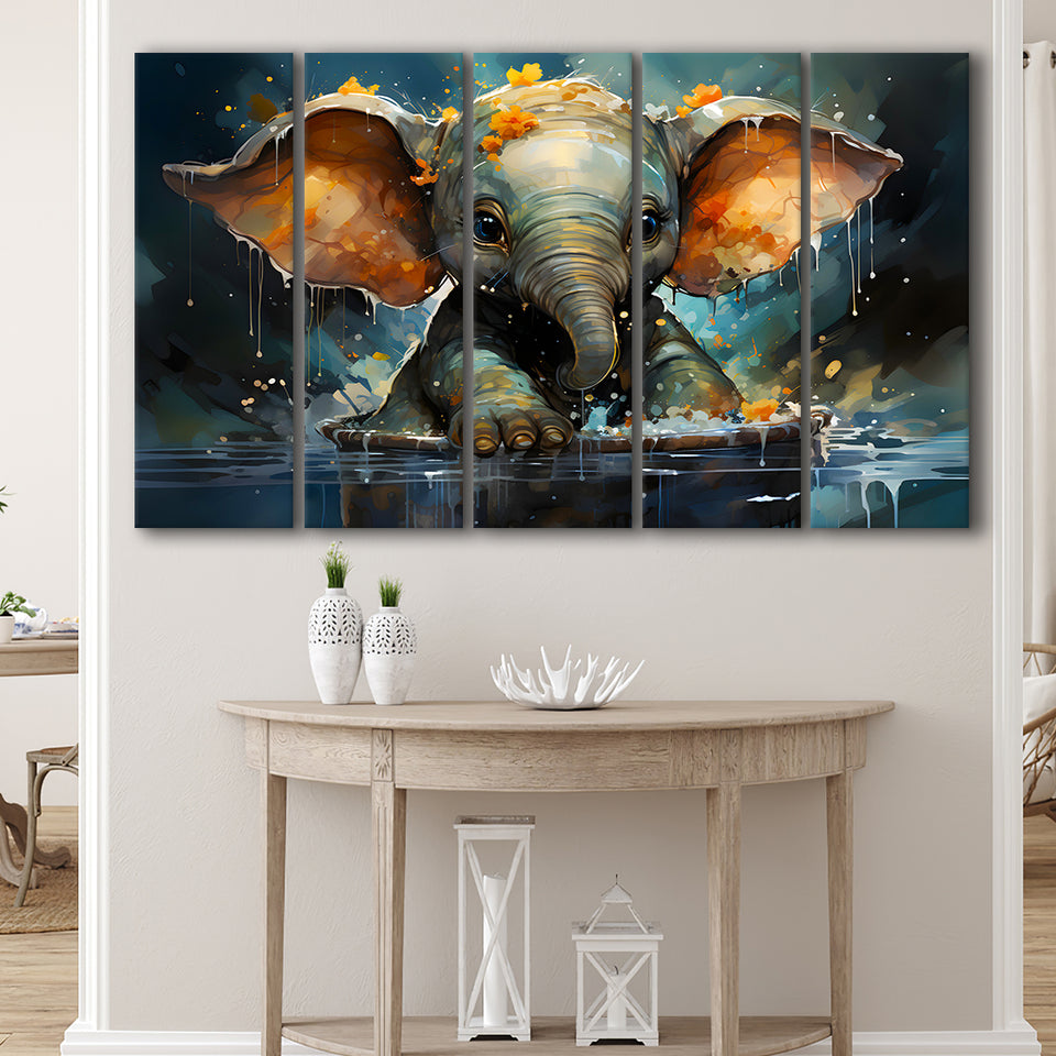 Baby Elephant Colorful In Bathtub 5 Panels B Canvas Prints Wall Art Home Decor, Extra Large Canvas
