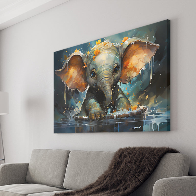 Baby Elephant Colorful In Bathtub Canvas Prints Wall Art Home Decor, Painting Canvas, Living Room Wall Decor