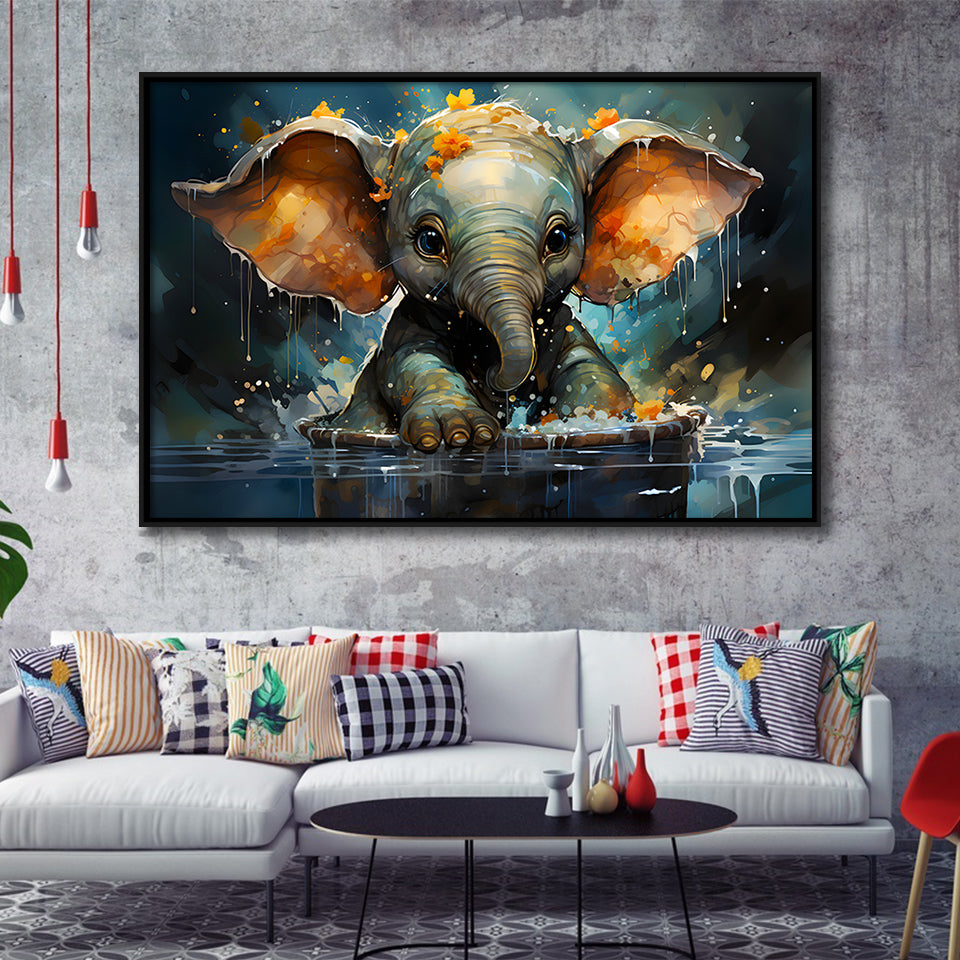 Baby Elephant Colorful In Bathtub Framed Canvas Prints Wall Art Home Decor, Painting Canvas, Floating Frame
