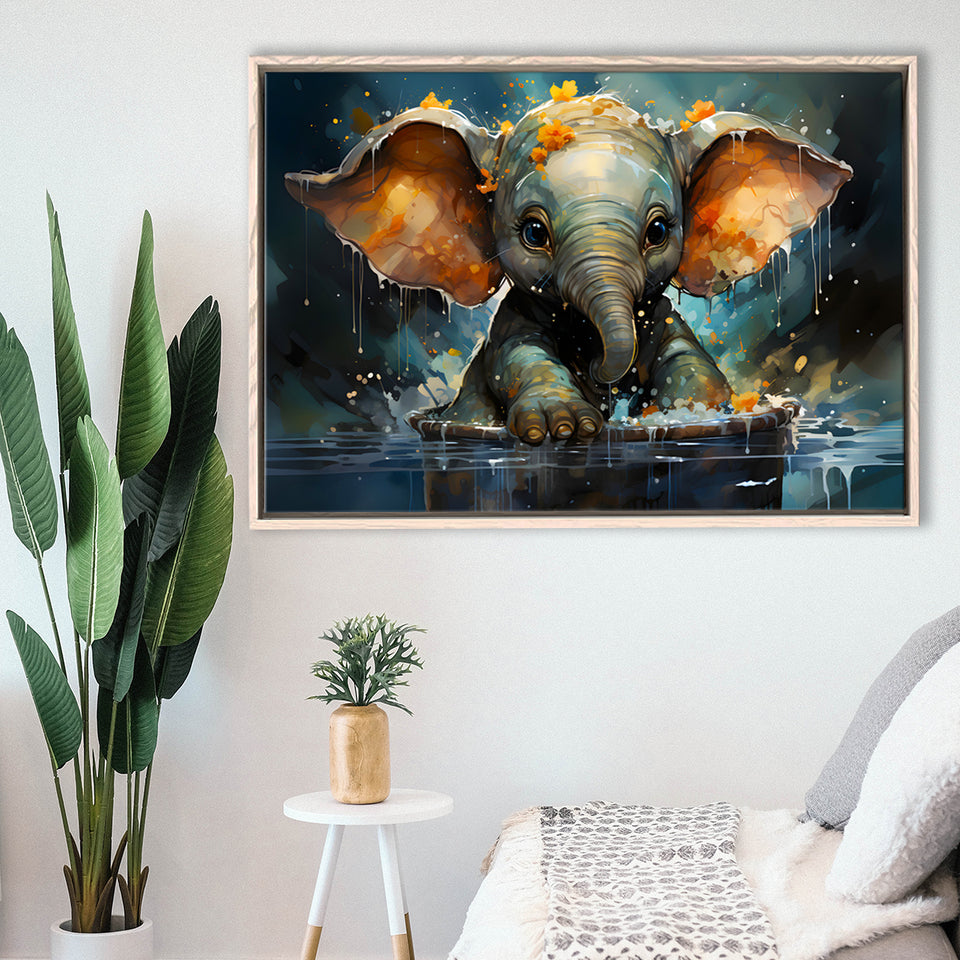 Baby Elephant Colorful In Bathtub Framed Canvas Prints Wall Art Home Decor, Painting Canvas, Floating Frame