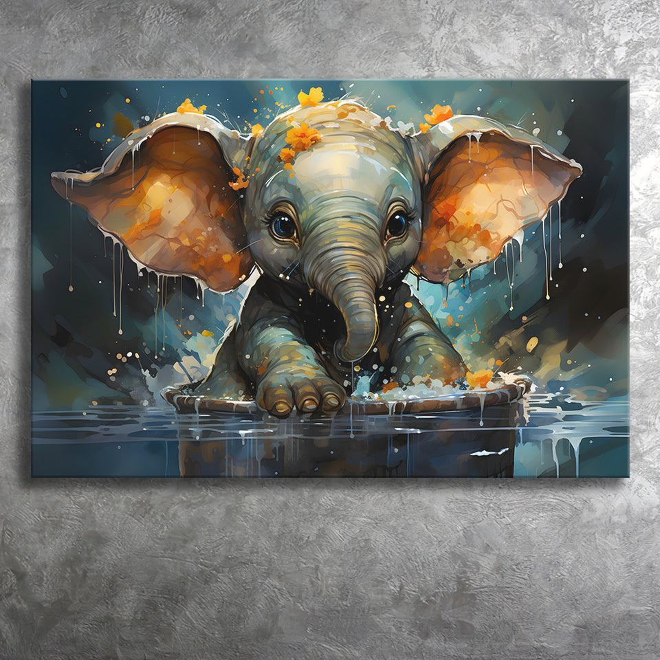 Baby Elephant Colorful In Bathtub Canvas Prints Wall Art Home Decor, Painting Canvas, Living Room Wall Decor