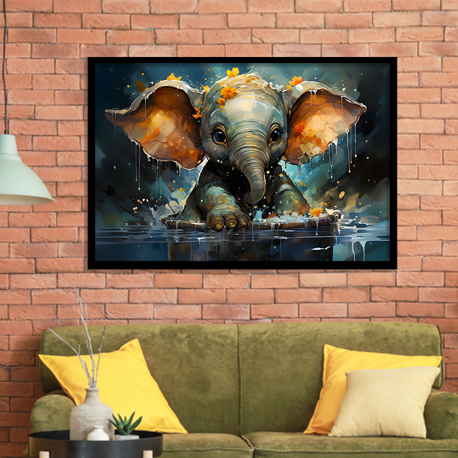 Baby Elephant Colorful In Bathtub Framed Art Prints Wall Decor, Painting Art, Framed Picture
