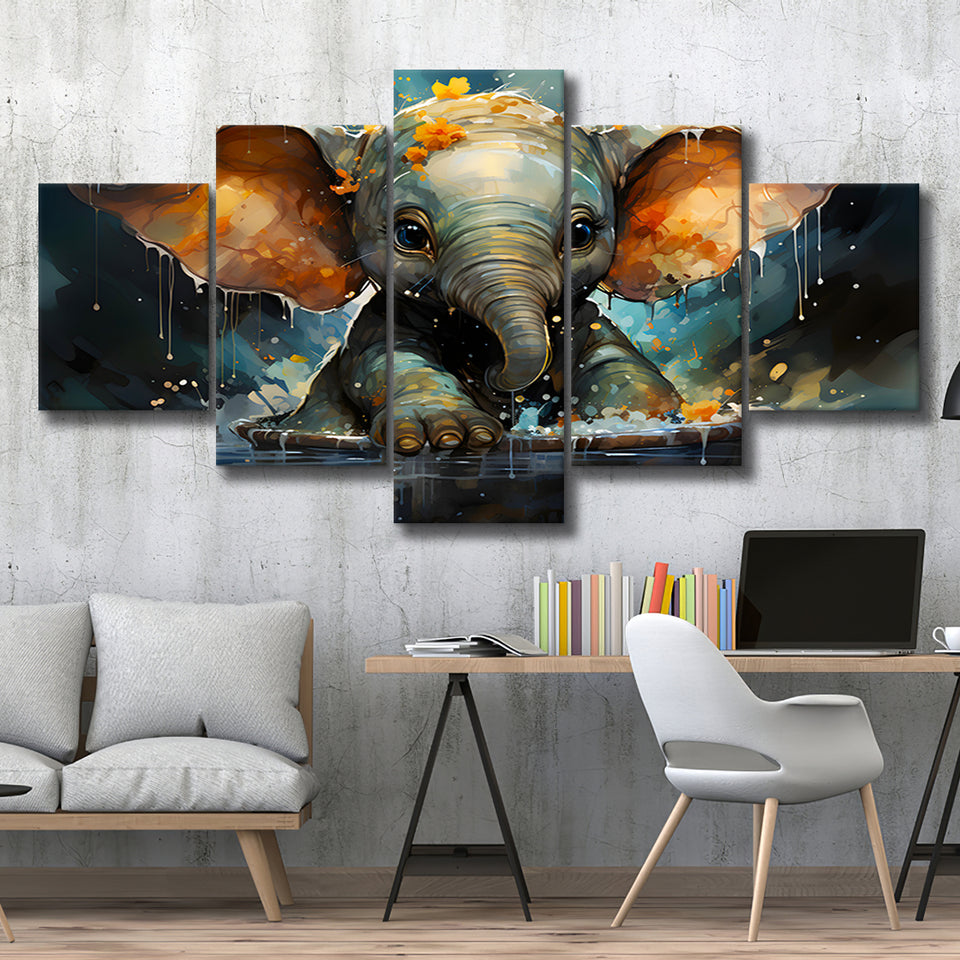 Baby Elephant Colorful In Bathtub 5 Panels Canvas Prints Wall Art Home Decor, Large Mixed Canvas