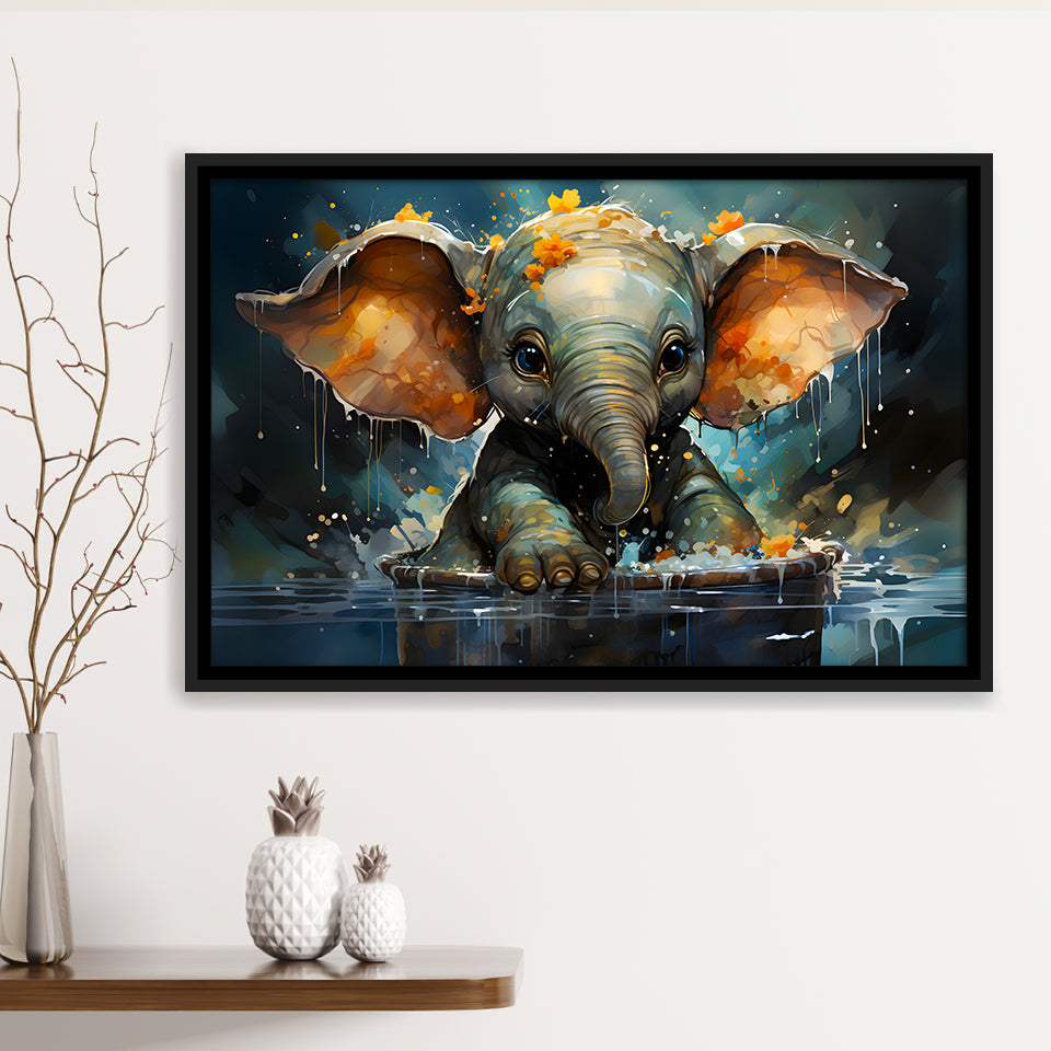 Baby Elephant Colorful In Bathtub Framed Canvas Prints Wall Art Home Decor, Painting Canvas, Floating Frame
