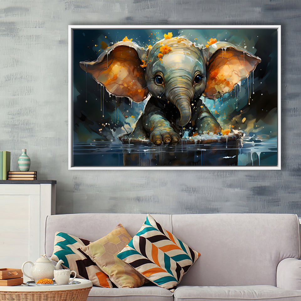 Baby Elephant Colorful In Bathtub Framed Canvas Prints Wall Art Home Decor, Painting Canvas, Floating Frame