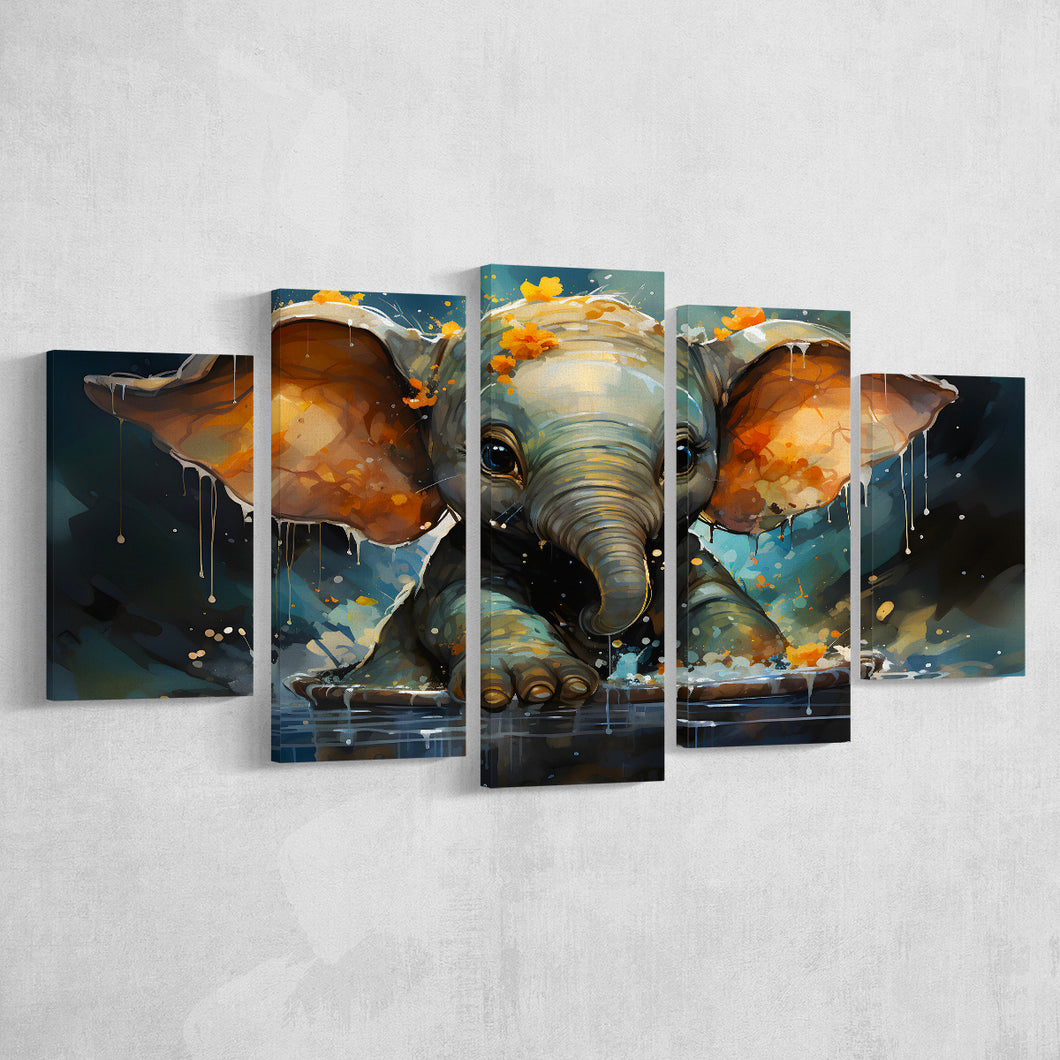 Baby Elephant Colorful In Bathtub 5 Panels Canvas Prints Wall Art Home Decor, Large Mixed Canvas