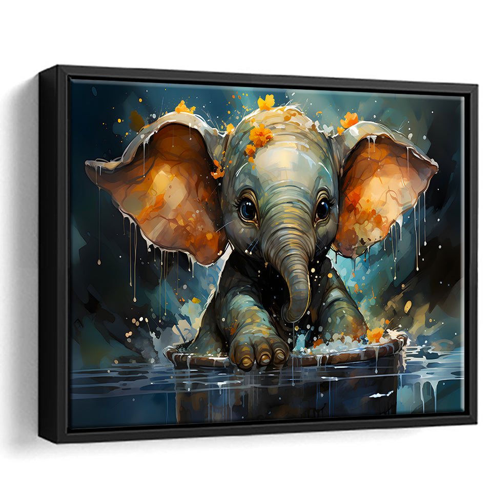 Baby Elephant Colorful In Bathtub Framed Canvas Prints Wall Art Home Decor, Painting Canvas, Floating Frame